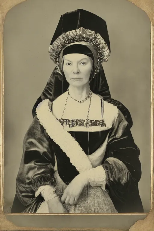 Image similar to a wet plate photo of a ferret dressed as anne boleyn, wearing a crown, wearing a robe