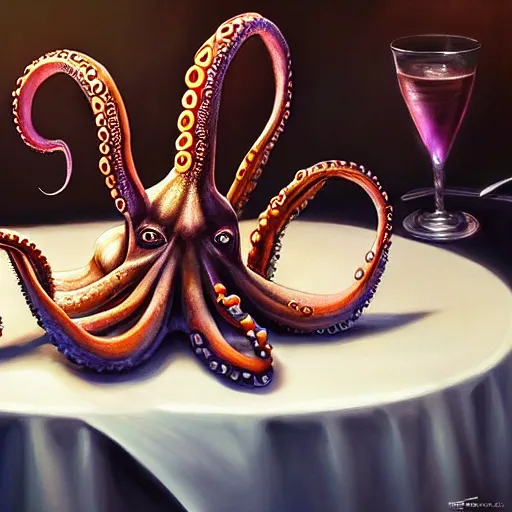 Image similar to the octopus at a table in a diner, amazing, beautiful, perfect eyes, full body shot, portrait, vivid colors, elegant, concept art, sharp focus, digital art, Hyper-realistic, 4K, Unreal Engine, Highly Detailed, HD, Dramatic Lighting by Brom, trending on Artstation