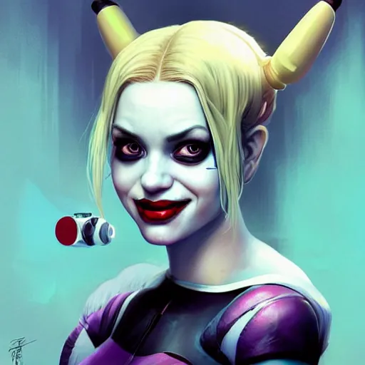 Prompt: lofi biopunk portrait of harley quinn, clean background, Pixar style, by Tristan Eaton Stanley Artgerm and Tom Bagshaw.