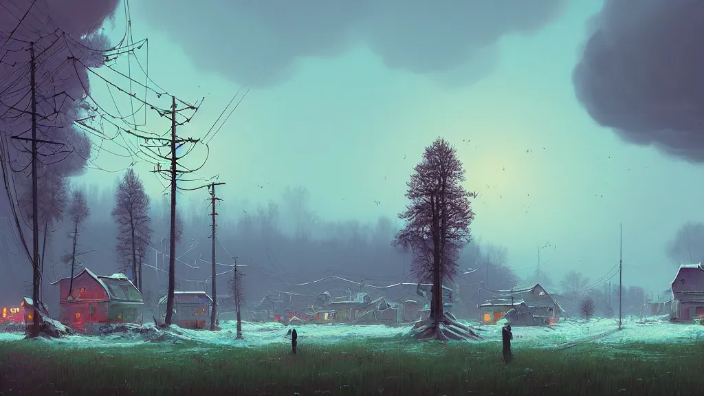 Image similar to gloomy russian village landscape by simon stalenhag, beeple, makoto shinkai, digital painting, fibonacci, trending on artstation, mandelbrot, beautiful, weird, cyberpunk, flowers, robot