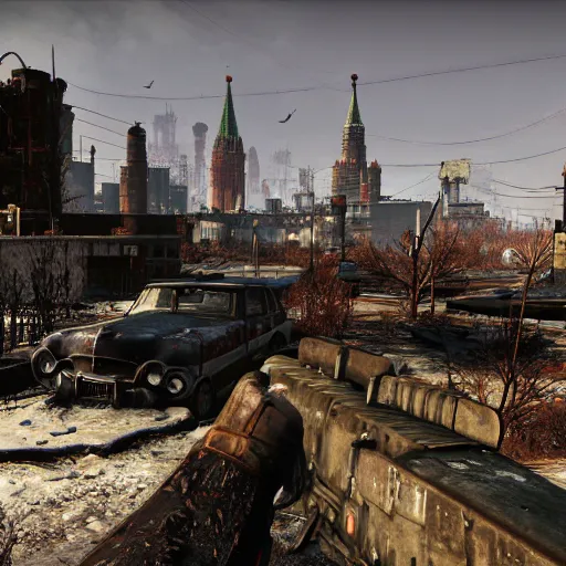 Image similar to Moscow in ruins post-nuclear war in Fallout 4, in game screenshot