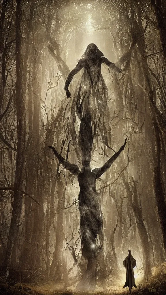 Prompt: photo of a mystical figure in occult robes in a dark misty forest opens a portal to hell, highly detailed, epic