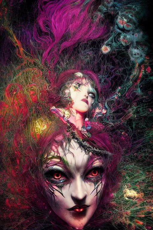 Prompt: Gothic girl face, 60s kitsch and psychedelia, dark background. digital art. amazing quality. perfect lighting. Professional design. Great composition. by Ayami Kojima and Tomoyuki Yamasaki and Tsutomu Nihei, octane render, award winning art. impressive colors. trending on artstation. James Ensor style