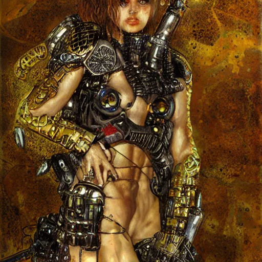 Prompt: cybernetic female supersoldier armed with laser rifle battling demon, intricate detail, klimt, royo, whealan,