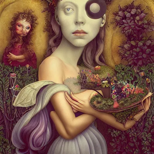 Image similar to a detailed portrait of young woman in renaissance dress and a surreal renaissance headdress, very surreal garden, cyberpunk, surreal tea party, strange creatures, by christian schloe and botticelli, naotto hattori, amy sol, roger dean, moody colors