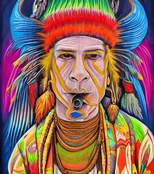 Image similar to Painting in a style of Alex Grey of a shaman dressed in a colorful traditional clothes. He is smoking a pipe