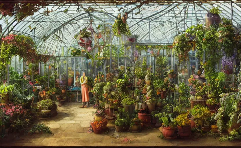 Prompt: a greenhouse with alien plants, potions, fountain in the middle, fantastic lighting, oil painting, high detail, a women working behind a counter