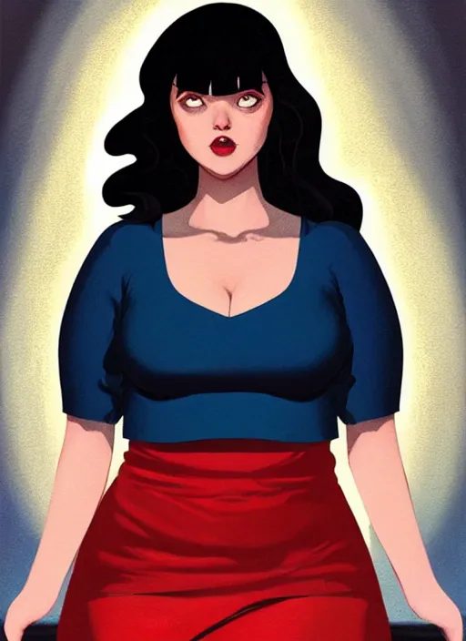 Image similar to full body portrait of teenage veronica lodge, obese, bangs, sultry, realistic, sultry smirk, wavy hair, red skirt, fat, belly, intricate, elegant, glowing lights, highly detailed, digital painting, artstation, concept art, smooth, sharp focus, illustration, art by wlop, mars ravelo and greg rutkowski