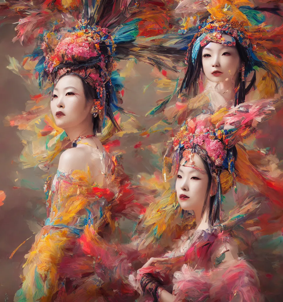 Image similar to beautiful japanese oil panting of a lady in headdress, colorful brush strokes, rendered by octane, depth of field, ultra detailed, rococo, zen concept, powerful composition, trending on artstation, 8k