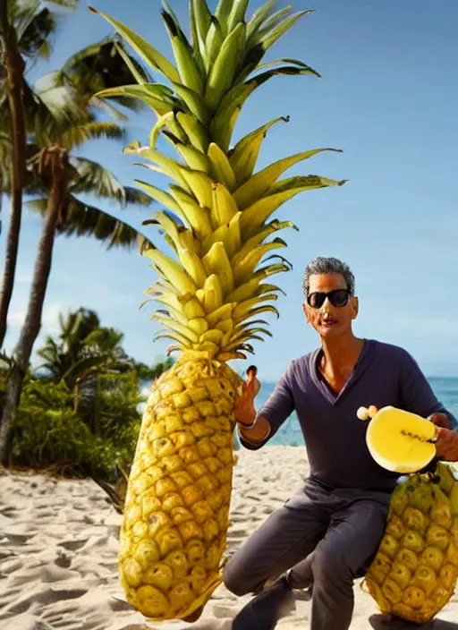 Image similar to jeff goldblum playing maraca pineapple as a banana on the beach