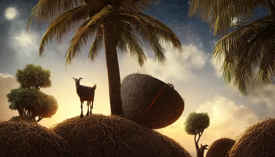 Image similar to very very small goat, sitting on a gigantic coconut tree in moonlit socotra island by ilya kuvshinov, starry night, rtx rendering, octane render 1 2 8 k, maya, extreme high intricate details by tom bagshaw, medium shot, close up shot, composition by sana takeda, lighting by greg rutkowski