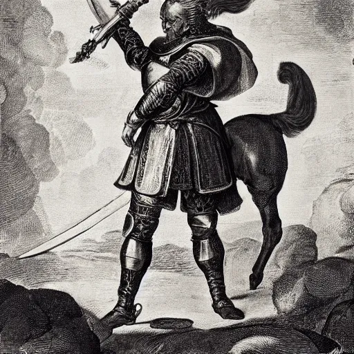 Prompt: donald trump, wearing knight ’ s armor, holding a spectacular broadsword, by annibale carracci, full body