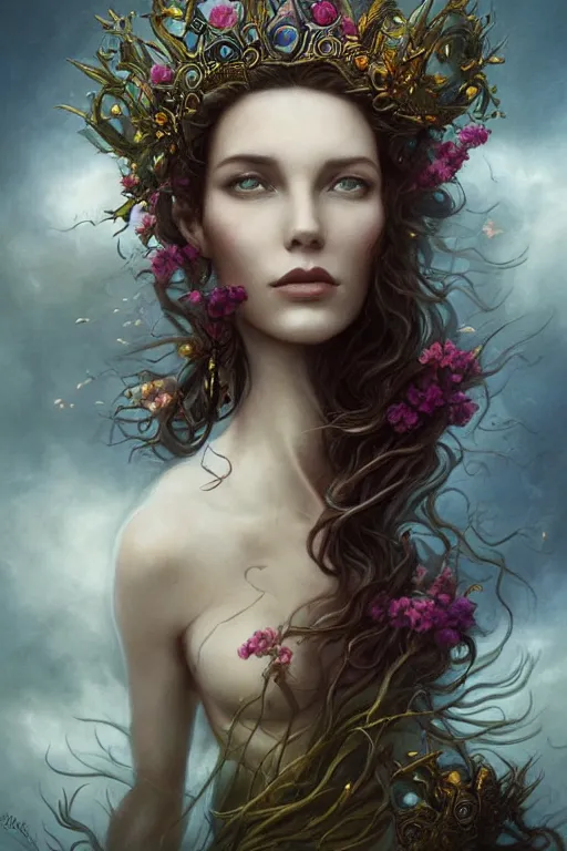 Image similar to portrait matte fine art of the beauty goddess catriona balfe, she has a crown of stunning flowers and gemstones, background full of stormy clouds, by peter mohrbacher