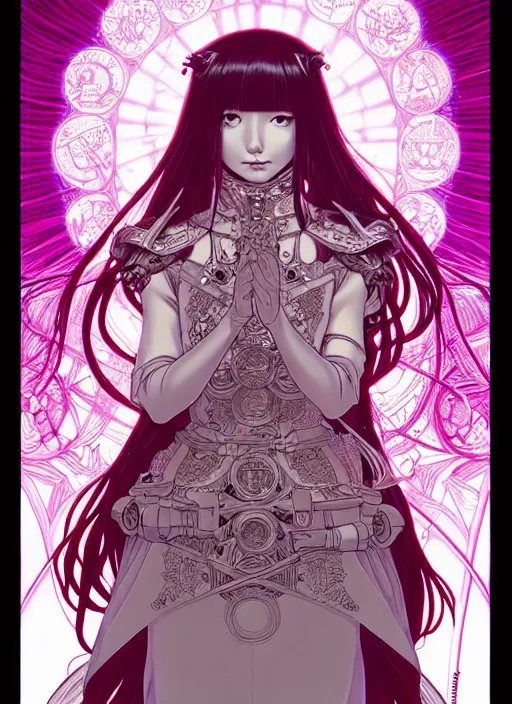 Prompt: highly detailed terada katsuya artgerm artstation fantastic fate minaba hideo manga poster of princess mechine, long hair, armor, dress, laces, ruffles, 8 k, fluorescent, maximalist, jump comics, tomer hanuka, alphonse mucha