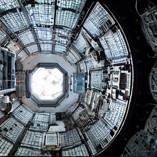 Prompt: on the inside of a gigantic o'neill cylinder, space station with city inside, forest, wide angle, panoramic,