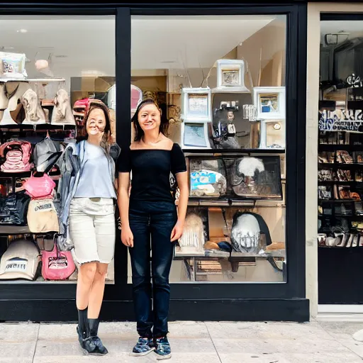 Prompt: two people in front of a store