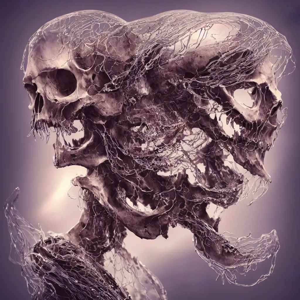 Image similar to close-up macro portrait of the face of a beautiful princess with animal skull mask, epic angle and pose, ribcage bones symmetrical artwork, 3d with depth of field, blurred background, cybernetic jellyfish female face skull phoenix bird, translucent, nautilus, energy flows of water and fire. a highly detailed epic cinematic concept art CG render. made in Maya, Blender and Photoshop, octane render, excellent composition, cinematic dystopian brutalist atmosphere, dynamic dramatic cinematic lighting, aesthetic, very inspirational, arthouse. y Greg Rutkowski, Ilya Kuvshinov, WLOP, Stanley Artgerm Lau, Ruan Jia and Fenghua Zhong