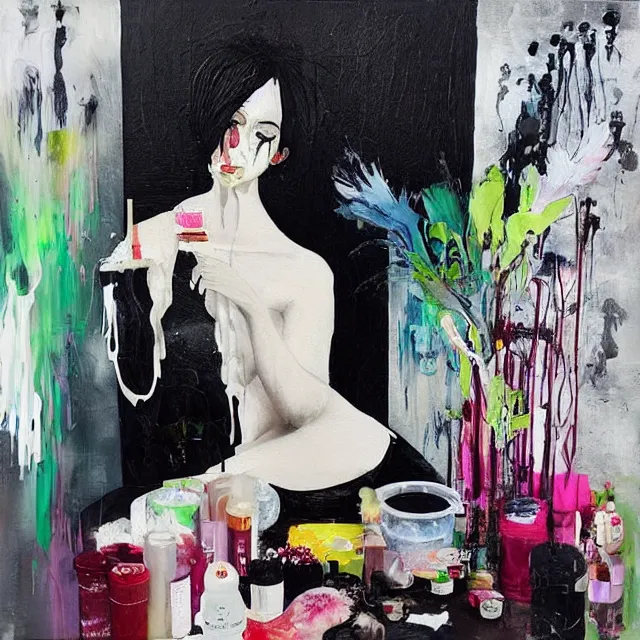 Image similar to “ a portrait in a female art student ’ s apartment, sensual, art supplies, paint tubes, palette knife, pigs, ikebana, herbs, a candle dripping white wax, black walls, squashed berries, berry juice drips, acrylic and spray paint and oilstick on canvas, surrealism, neoexpressionism ”