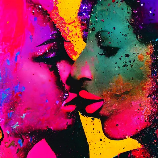 Image similar to double exposure of two women kissing ( closeup ) and an abstract painting, lomography. this photograph is subsequently printed out and splattered with paint. mixed media collage art with magazines and found art