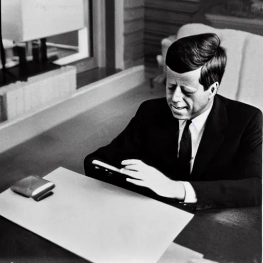 Image similar to 1 9 7 0 s vintage photograph of john f kennedy using an ipad, very detailed, very intricate,