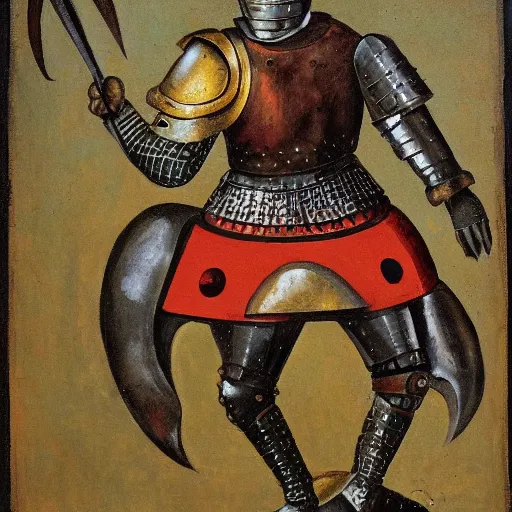 Image similar to medieval armored knight with only one arm and with a bucket on his head, painting