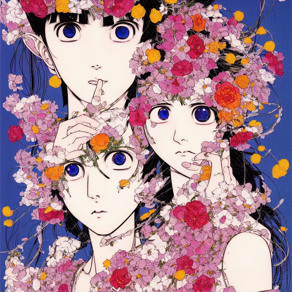Prompt: prompt: Fragile portrait of persona covered with random flowers illustrated by Katsuhiro Otomo, inspired by sailor moon and 1990 anime, smaller cable and cryborg parts as attributes, eyepatches, illustrative style, intricate oil painting detail, manga 1980