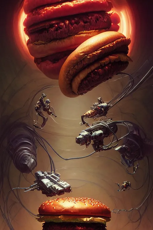 Image similar to will smith inside hamburger, hyper detailed, digital art, artstation, cinematic lighting, studio quality, smooth render, by peter caravaggio, mohrbacher, hajime sorayama, wayne barlowe, boris vallejo, aaron horkey, gaston bussiere, craig mullins