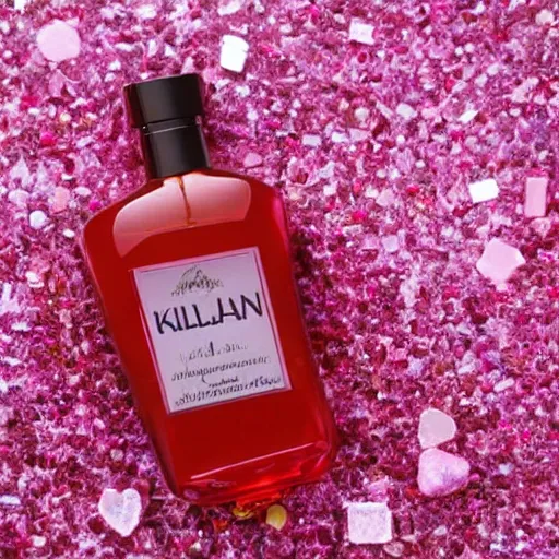 Image similar to a bottle of Kilian perfume, Kilian Love Don't Be Shy, the bottle of perfume is laying on pink sugar crystals, high resolution photo,