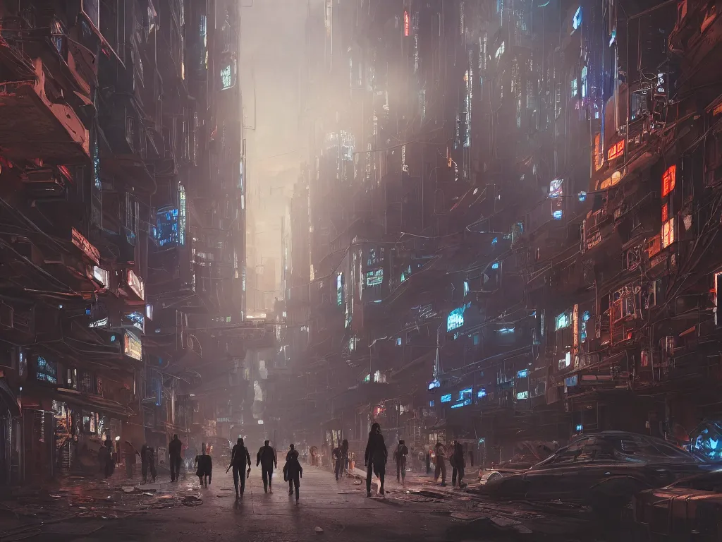 Prompt: travelers walking through the remnants of a dystopian city, classical architecture, technological lights, screens, cyberpunk style, 8 k resolution, by hugh ferris and john smith, polished, fine detail, intricate, blue color scheme, cyberpunk style, smooth, octane, concept art, trending on artstation