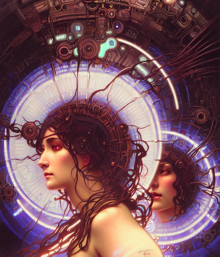 Prompt: epic scale closeup portrait stunning breathtaking alien machine goddess being of the black hole in white shimmering robes alien entity intelligence portrait electricalhair steampunk entity with neon robes and glowing machine goddess photorealistic detailed hypervivid intense digital art by alphonse mucha greg rutkowski artgerm cgsociety