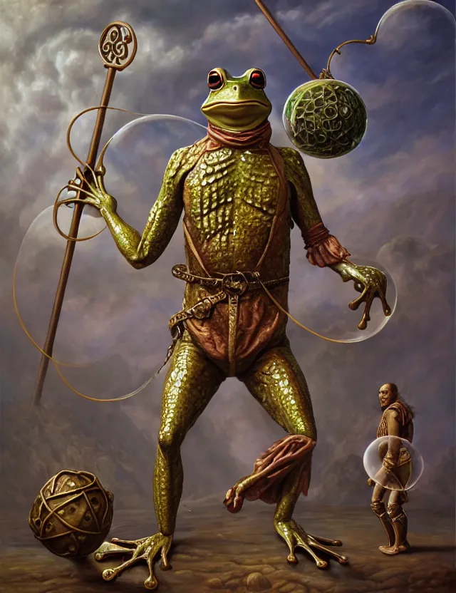 Image similar to anthropomorphic bipedal frog that is dressed as a renaissance fighter, and holding a giant flail on a chain, as a matte oil painting and d & d character art, by alex grey, standing, fullbody, floating bubbles, mystic, fog, fractals, spirals, concept art, award - winning, extremely detailed, sharp focus