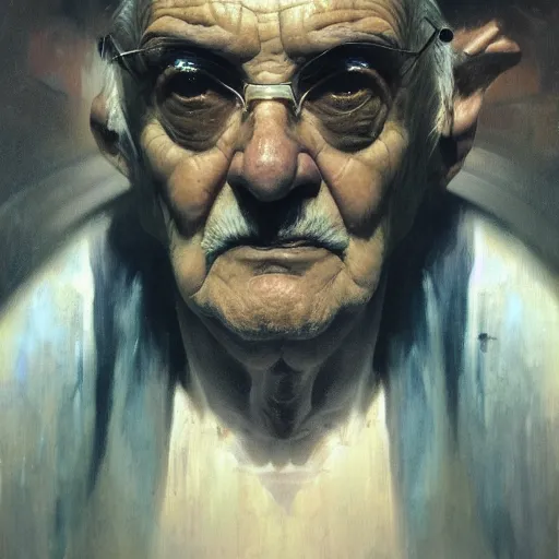 Image similar to hyperrealist portrait of an ancient old alien man with large cruel intelligent eyes and a huge head standing in front of a computer interface by jeremy mann and alphonse mucha and stan lee, fantasy art, photo realistic, dynamic lighting, artstation, poster, volumetric lighting, very detailed faces, award winning, full face, symmetry