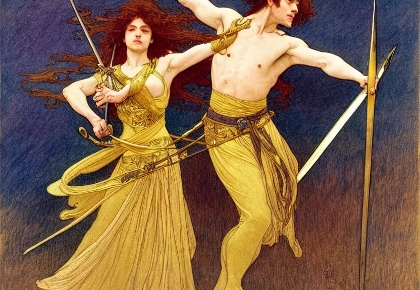 Image similar to a golden swordsman wielding two swords leans back as he dances elegantly in the wind, his robes and long hair flowing in the breeze, his enemies lying on the ground below, fantasy, Mucha, MTG, Game of Thrones, salsa dancing, Rossetti, Millais, anatomically correct