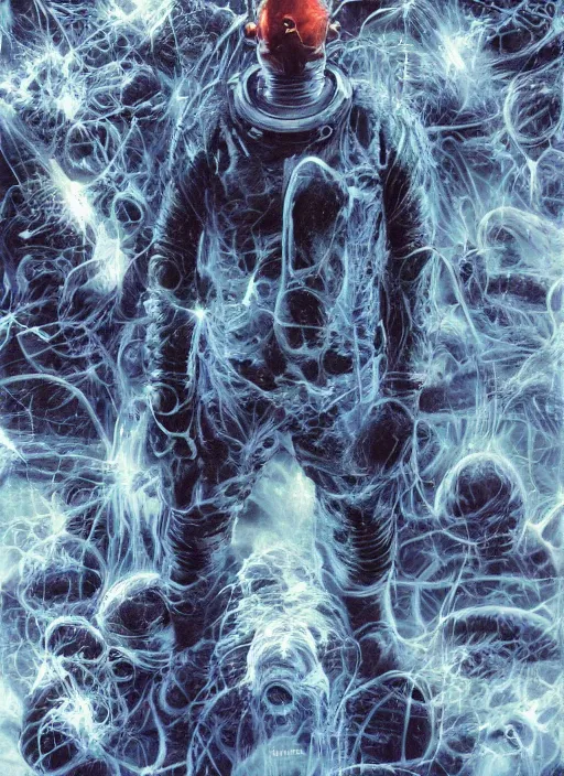 Image similar to astronauts in dark and empty void underwater poster - complex and hyperdetailed technical suit. go pro selfie. reflection and dispersion materials. rays and dispersion of light. volumetric light. 5 0 mm, f / 3 2. noise film photo. flash photography. ultra realistic. poster by wayne barlowe, hajime sorayama aaron horkey, craig mullins