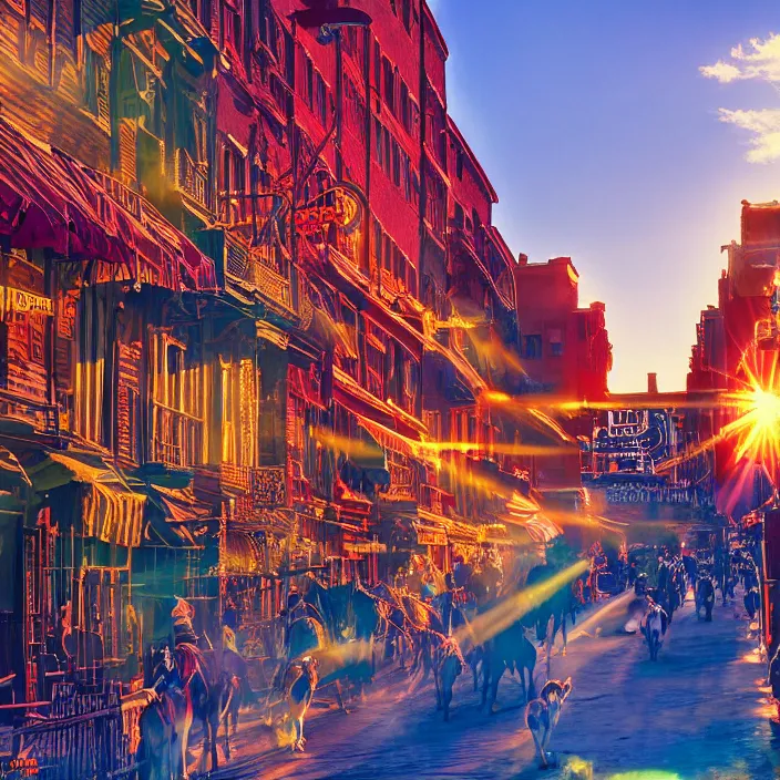 Image similar to a sunset light historical wild west village, duel between two cowboys, lots of sparkling details and sun ray's, blinding backlight, smoke, volumetric lighting, colorful, octane, 3 5 mm, saloon exterior, old town street, beautiful epic colored reflections, very colorful heavenly, softlight