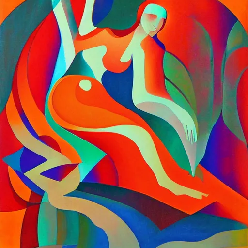 Image similar to woman dances and swims and the rhythm of the water resonates, abstract art in the style of cubism and Georgia o keefe,
