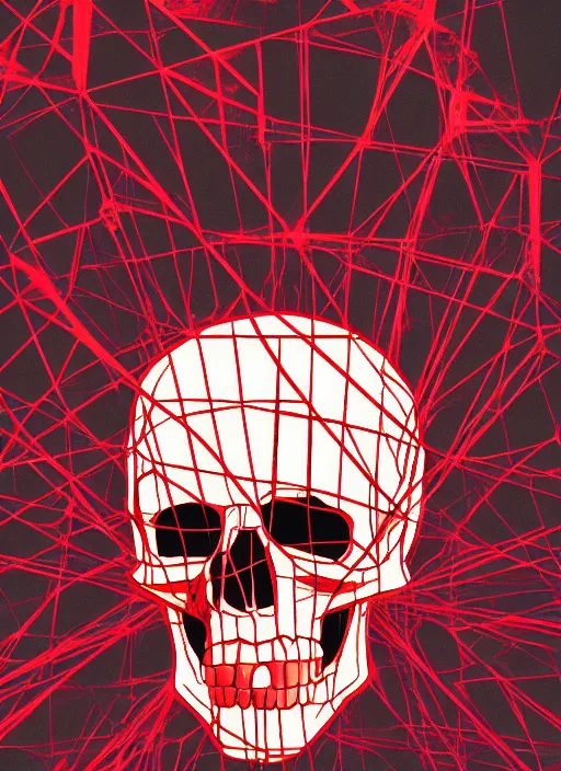 Prompt: black background, statue of hercules, skulls, thin lines, dark, red grid, glitch art, neo vaporwave, gritty, movie poster, trending on artstation