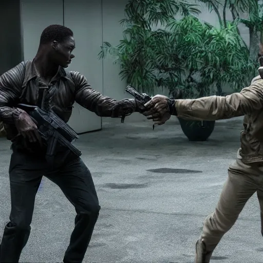 Prompt: the predator fighting tom cruise in collateral 4k movie still