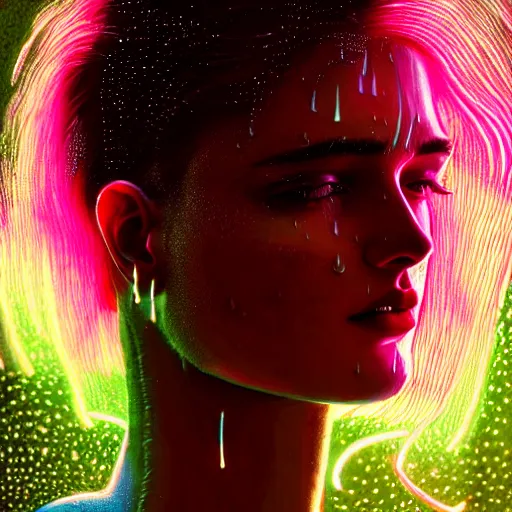 Image similar to bright asthetic portrait LSD glowing backlit rain on face and wet hair in strands, overhead lighting, fantasy, intricate, elegant, dramatic lighting, highly detailed, lifelike, photorealistic, digital painting, artstation, illustration, concept art, smooth, sharp focus, art by John Collier and Albert Aublet and Krenz Cushart and Artem Demura and Alphonse Mucha