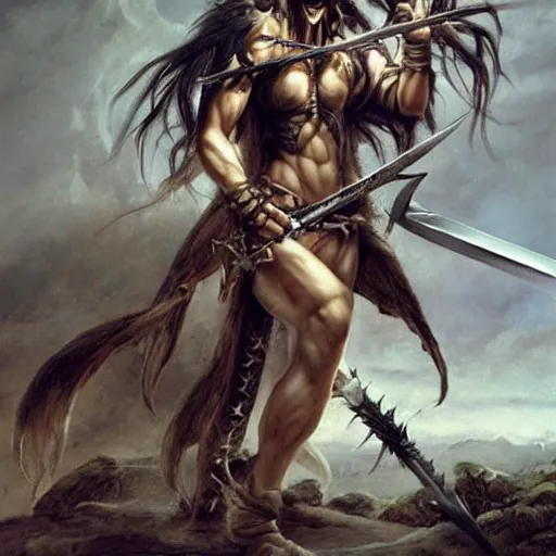 Image similar to realistic art style, warrior girl, muscular girl, wild spiky black hair, long spiky hair, electrified hair, holding scimitar made of bone, scimitar, sword, jagged sword, curved sword, orkish sword, colorized, gray skin, hyper - detailed, primeval fantasy, prehistoric fantasy, art by jacques - louis david