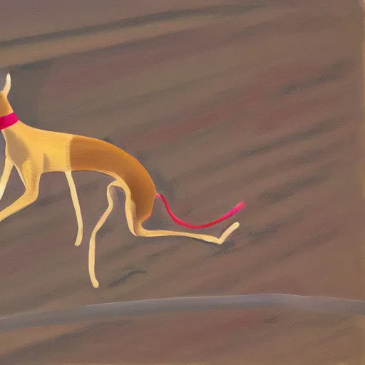 Image similar to close-up of a whippet running at beach, painting by david hockney, highly detailed