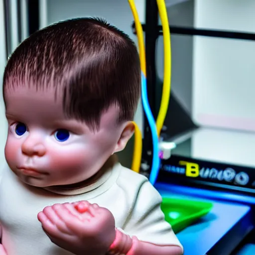 Image similar to 3D printer printing real human babies, very detailed, 24mm photography with shallow depth and bokeh