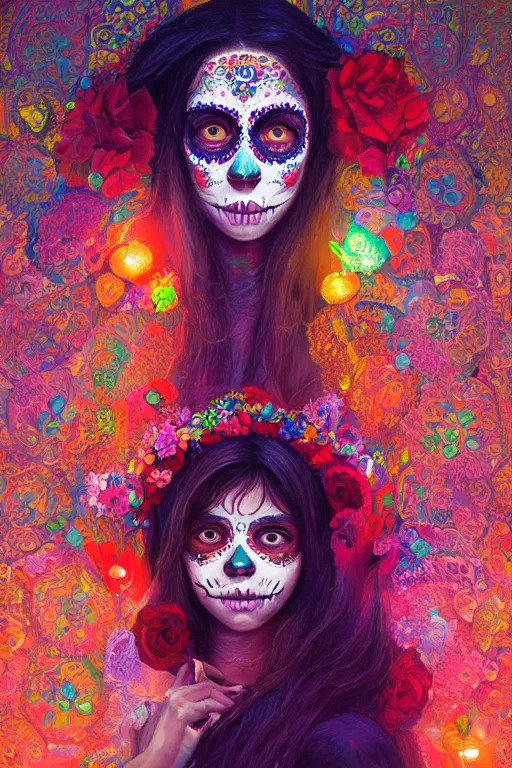 Prompt: portrait of mexican girl girl with colorful day of the dead patterns, staring directly into camera, intricate, elegant, glowing lights, highly detailed, digital painting, artstation, sharp focus, illustration, art by wlop, mars ravelo and greg rutkowski