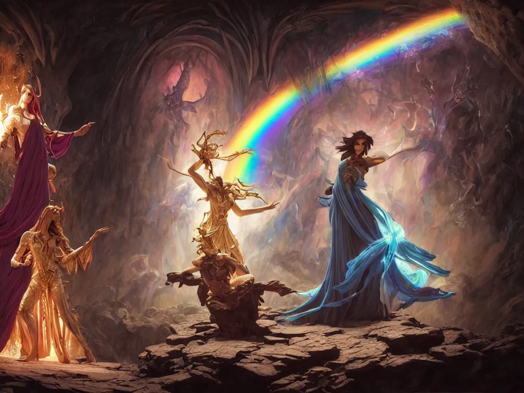 Image similar to painting of powerful stylish sorcerer and a cleric banishing demons in a dark cave with a rainbow spell, ultra realistic, concept art, intricate details, eerie, highly detailed, photorealistic, octane render, 8 k, unreal engine. art by artgerm and greg rutkowski and magali villeneuve and alphonse mucha