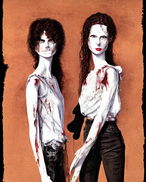 Image similar to two handsome but sinister, creepy young women in layers of fear, wearing oxford shorts, with haunted eyes like mannequins band wild hair, 1 9 7 0 s, seventies, wallpaper, a little blood, moonlight showing injuries, delicate embellishments, painterly, offset printing technique, by john howe, brom, robert henri, walter popp