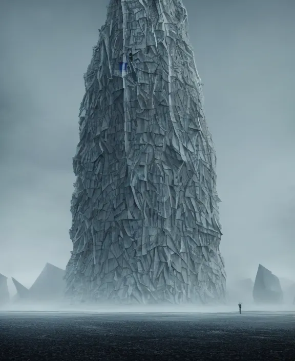 Image similar to surreal covenant deformation tower, futuristic berserk white architecture in the beach in iceland, foggy, highly detailed, digital painting, arstation, concept art, hyperealistic octane render, unreal engine,