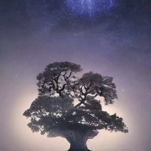 Image similar to beautiful ancient alien oak tree in a misty sky, supernova remnants of a spotless biosholden sky, trending on artstation a farm of disco balls, by beeple and james gurney