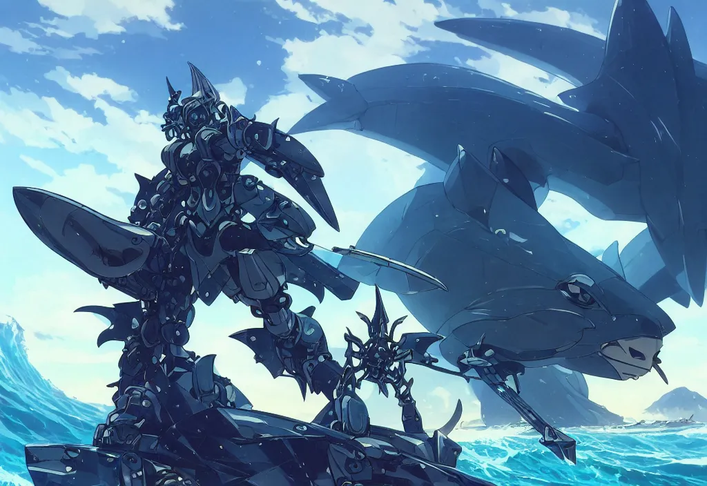 Image similar to close up of a extremely beautiful and aesthetic mech armor witch holding a symmetrical trident, highly detailed face, attractive symmetrical eyes, back shark fin, big wave horizon, dynamic model pose, slightly smiling, blue sky, big blade whale and black giants mech minotaurus, epic scene, fantasy illustrations, by makoto shinkai and peter mohrbacher and ferdinand knab