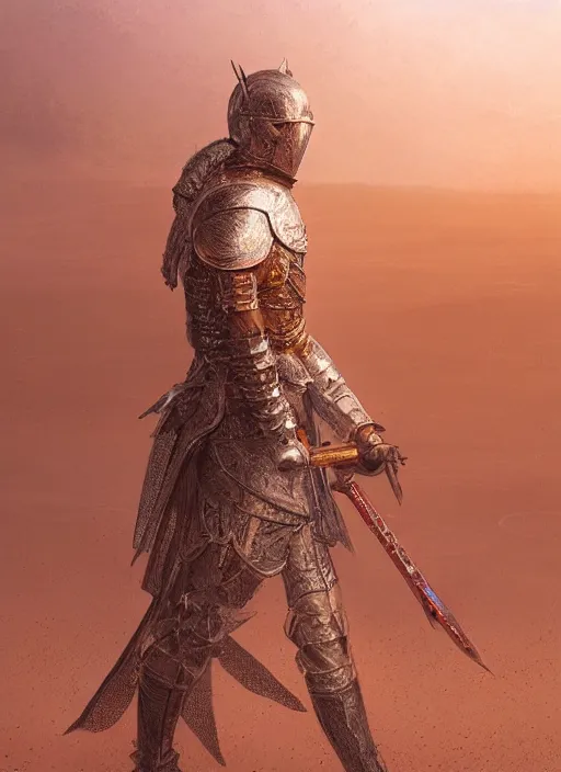Image similar to a knight in translucent crystal armor in the desert surrounded by sand dunes, greg rutkowski, 8 k, shallow depth of field, intricate detail, concept art,