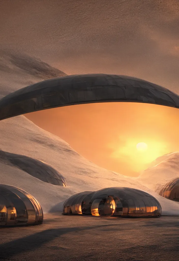 Prompt: Multiple tunnels in antartica with a transparent roof that shows a beautiful sunset, multiple people in the tunnels around campfires and futuristic igloos, facinating, fantasy digital art, octane render, beautiful composition, trending on artstation, award-winning photograph, masterpiece